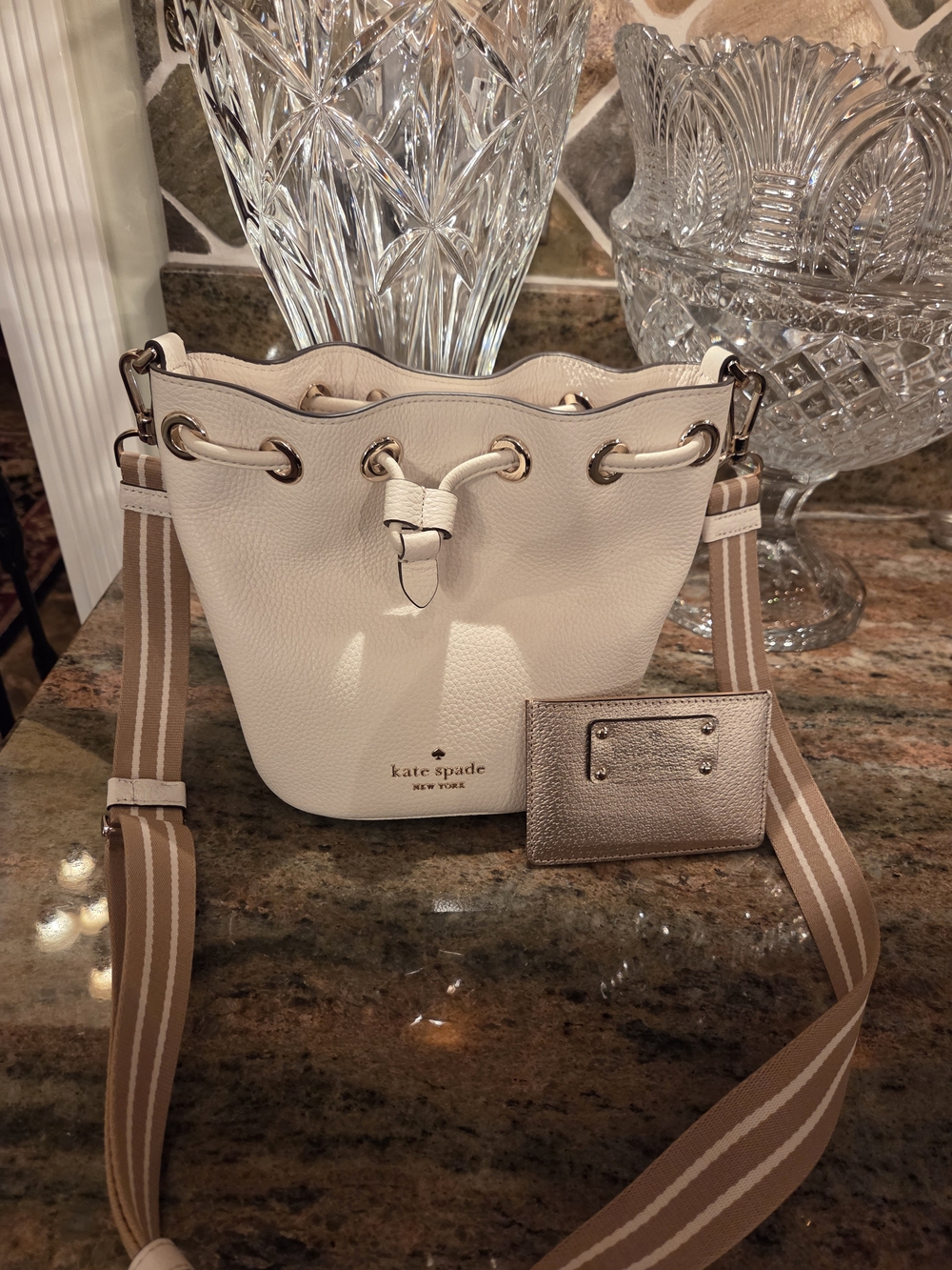 kate spade Cream  Drawstring Bucket Bag with Tan Striped Strap And Card Holder